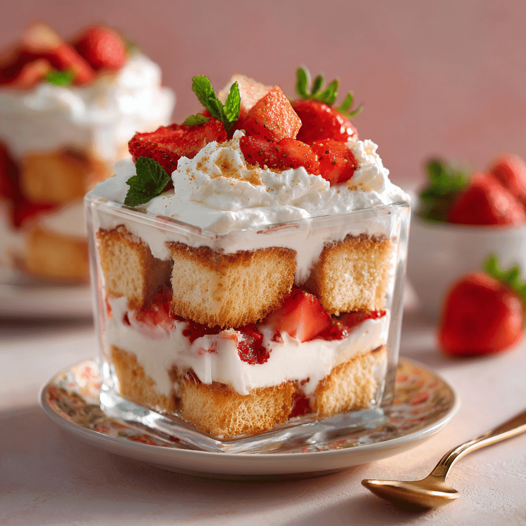 No-Bake Angel Food Cake Icebox Dessert layered with whipped cream and strawberries