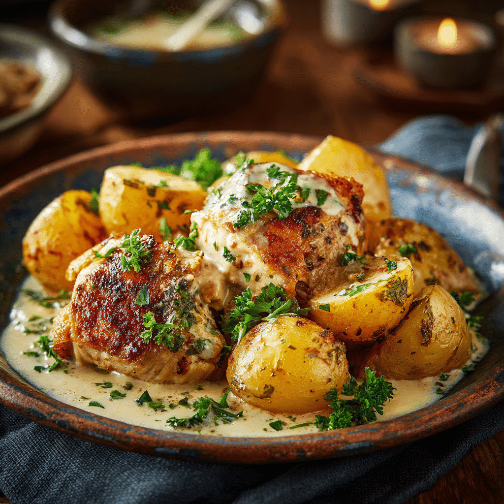 Served crockpot garlic butter chicken and potatoes dinner