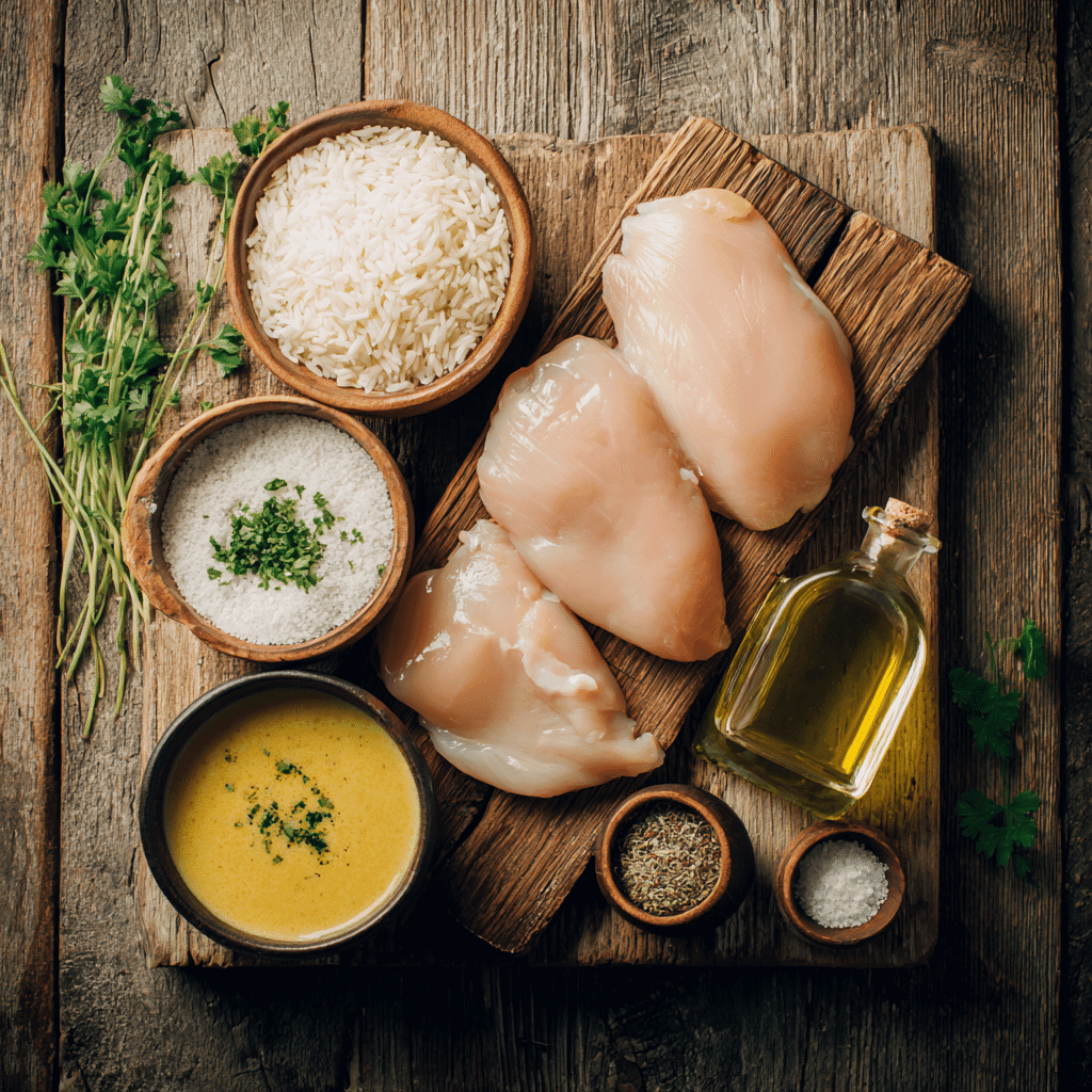 ingredients for easy chicken and rice bake