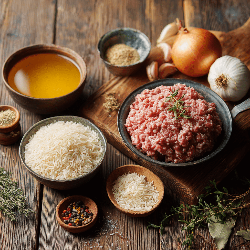 ingredients for 5 ingredient ground beef and rice skillet recipe