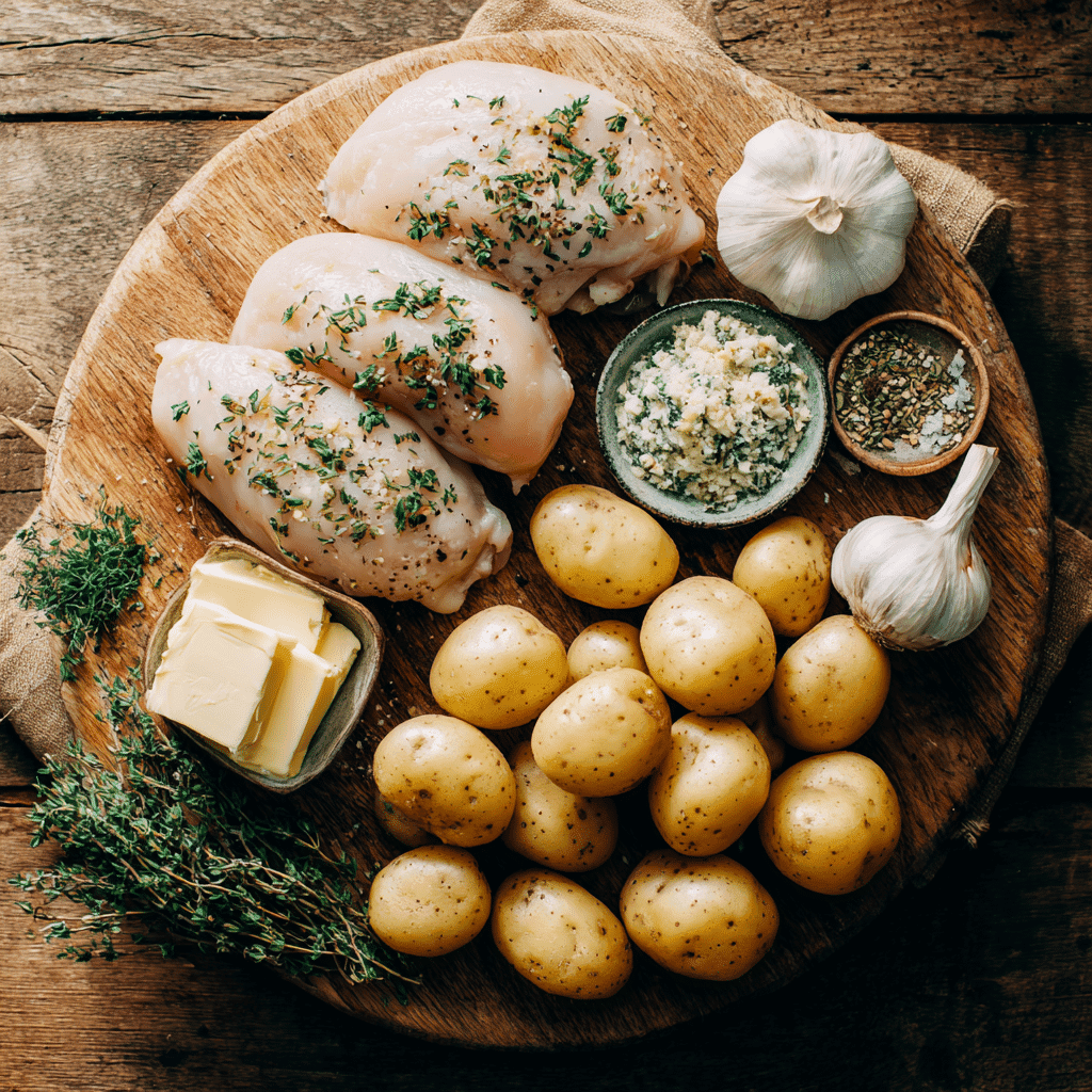 Ingredients for crockpot garlic butter chicken and potatoes
