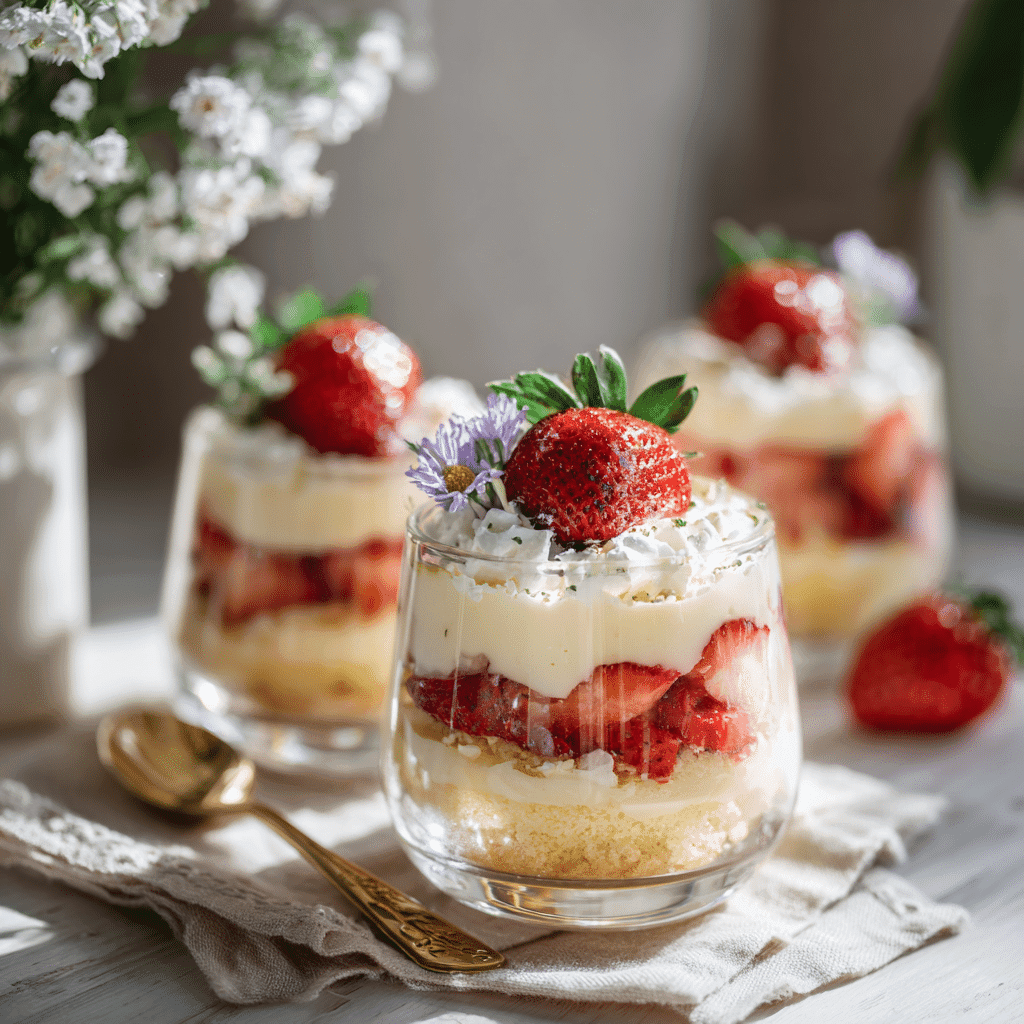 Serving strawberry cheesecake pudding trifle dessert