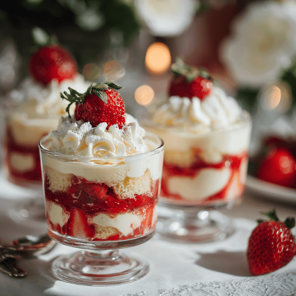 Serving strawberry white chocolate trifle in dessert glass