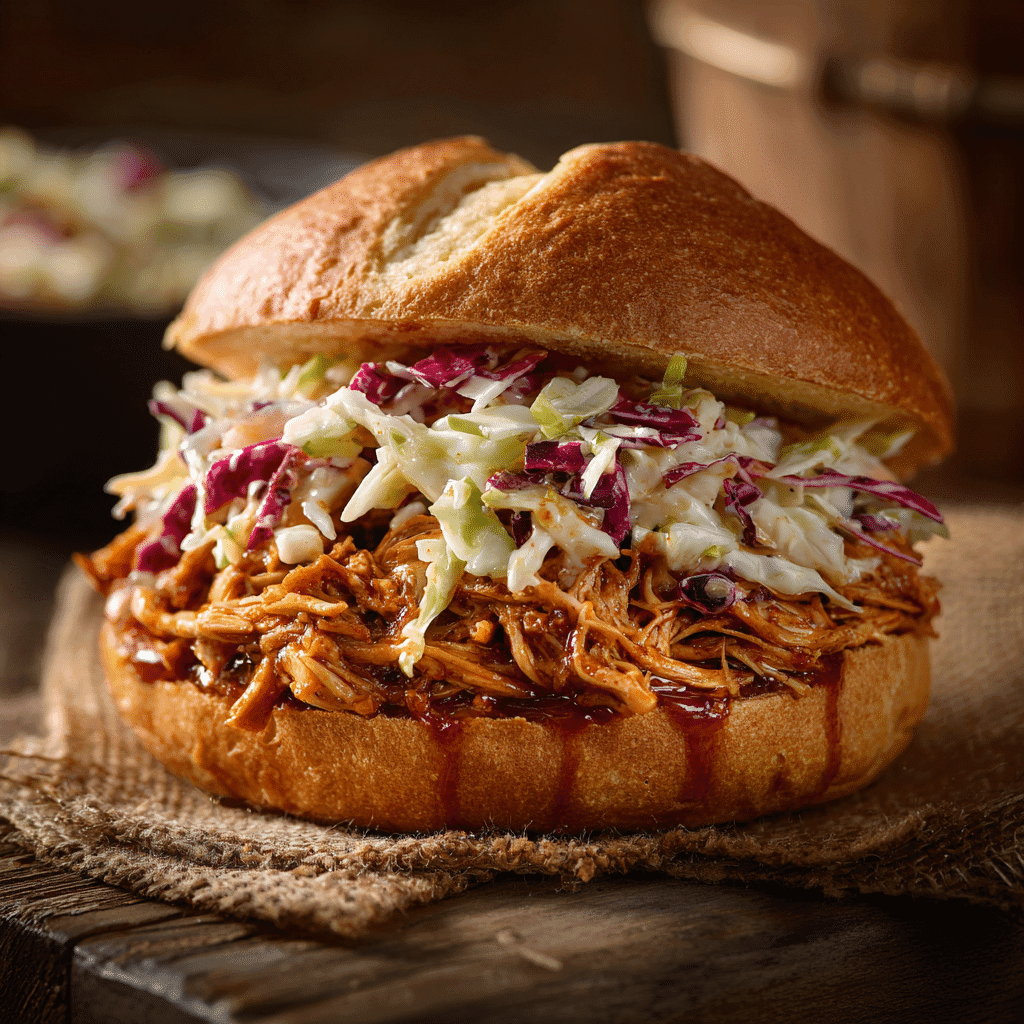 Serving Slow Cooker BBQ Pulled Chicken sandwich