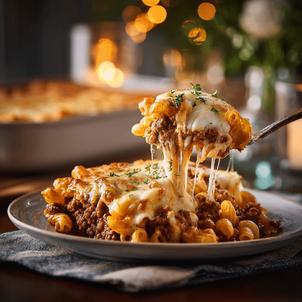 Serving cheesy ground beef dinner bake