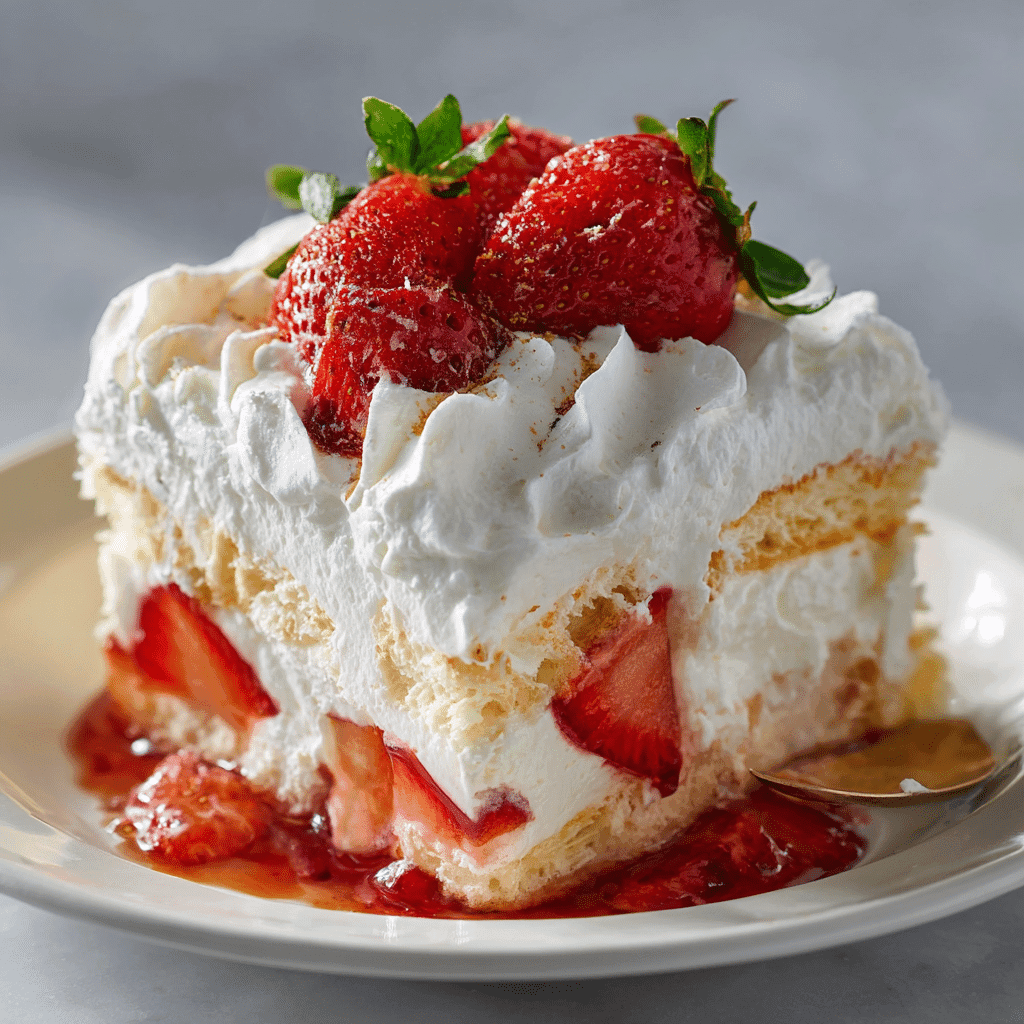 Serving No-Bake Angel Food Cake Icebox Dessert

