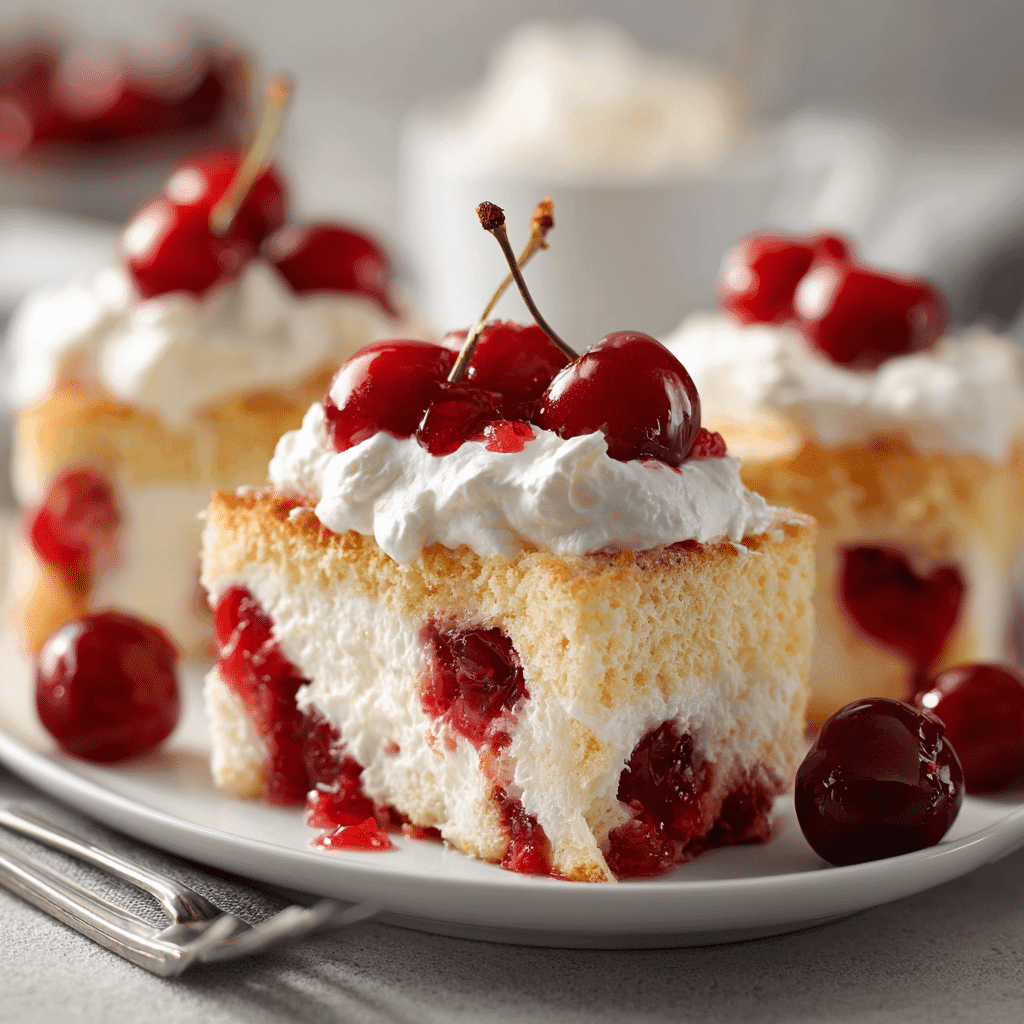 Serving cherry pie filling angel food cake dessert slices