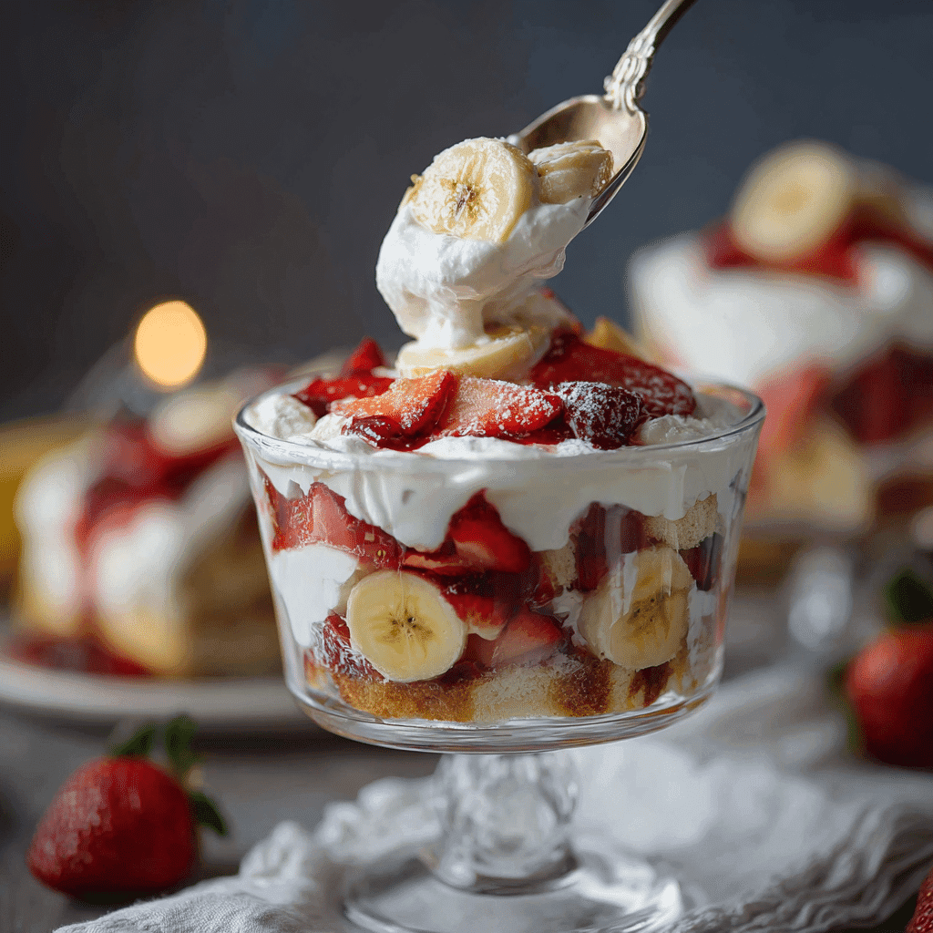 Serving strawberry banana cream trifle dessert