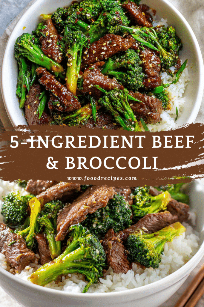 5 Ingredient Beef and Broccoli Stir Fry served over rice in a bowl with glossy sauce and fresh broccoli