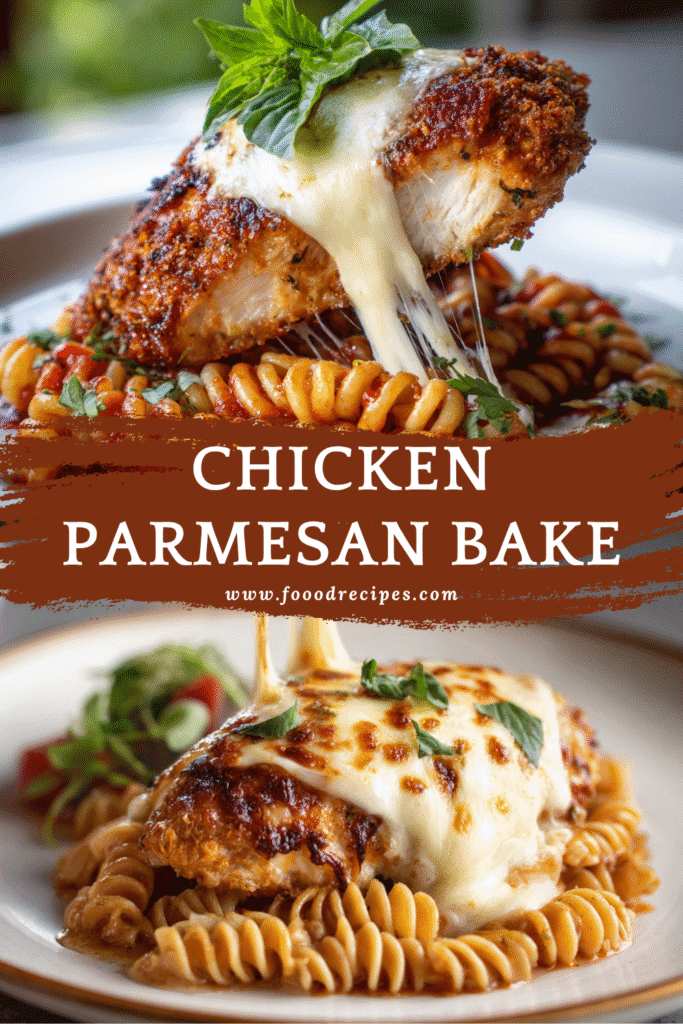 5 ingredient chicken parmesan bake with melted cheese and pasta