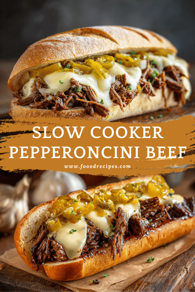 Slow Cooker Pepperoncini Beef sandwich with melted cheese and peppers