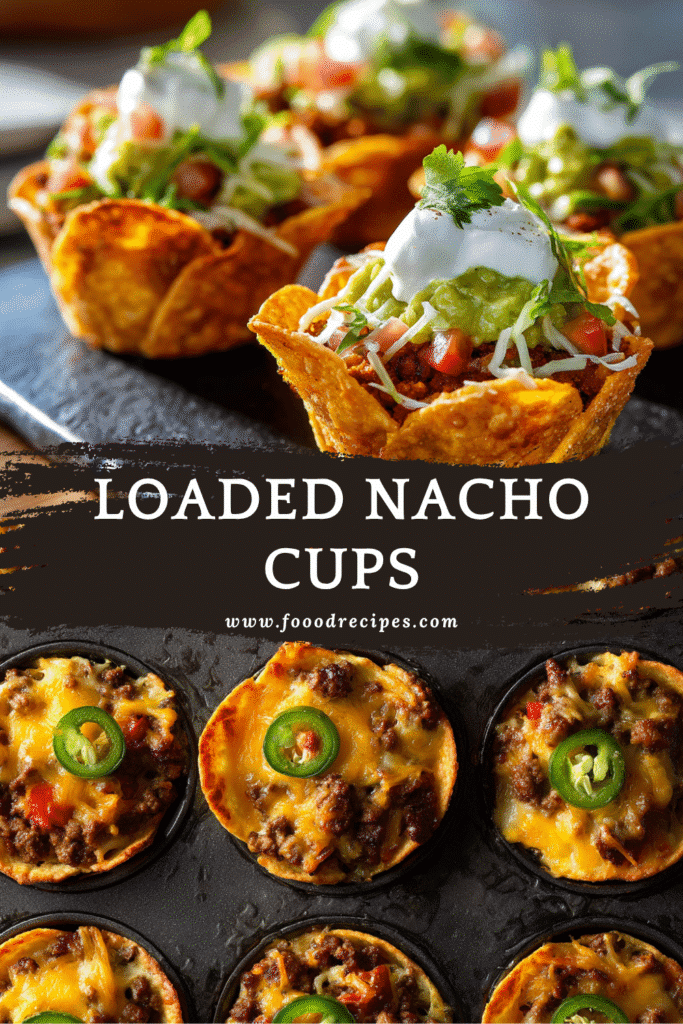 Loaded Nacho Cups (Oven Baked) with melted cheese, beef, and toppings