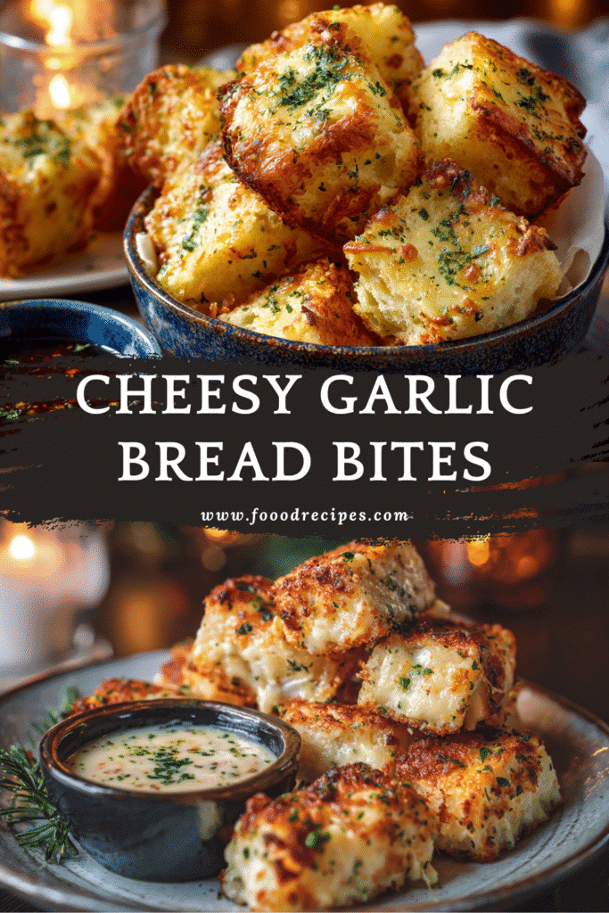 Cheesy garlic bread bites crispy golden with melted cheese and garlic butter
