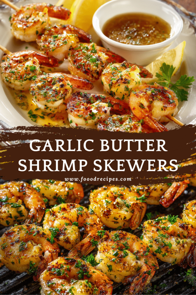 Garlic butter shrimp skewers grilled with herbs and served with dipping sauce