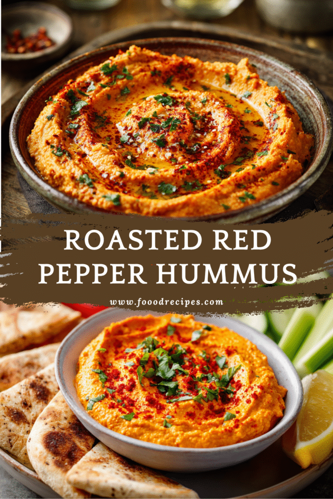 Roasted red pepper hummus dip served with pita bread and vegetables