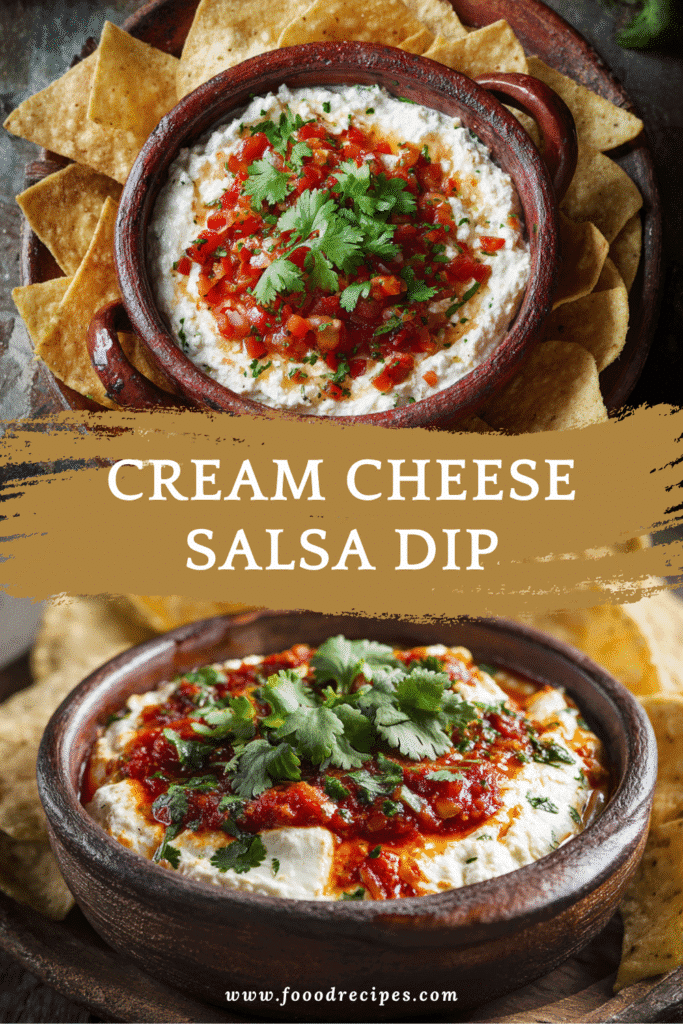 Cream Cheese Salsa Dip served in a bowl with salsa topping and tortilla chips