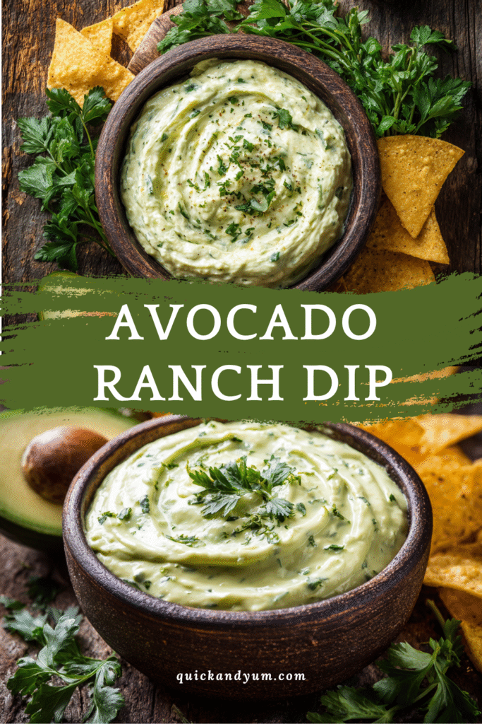 avocado ranch dip in a bowl with chips and fresh herbs
