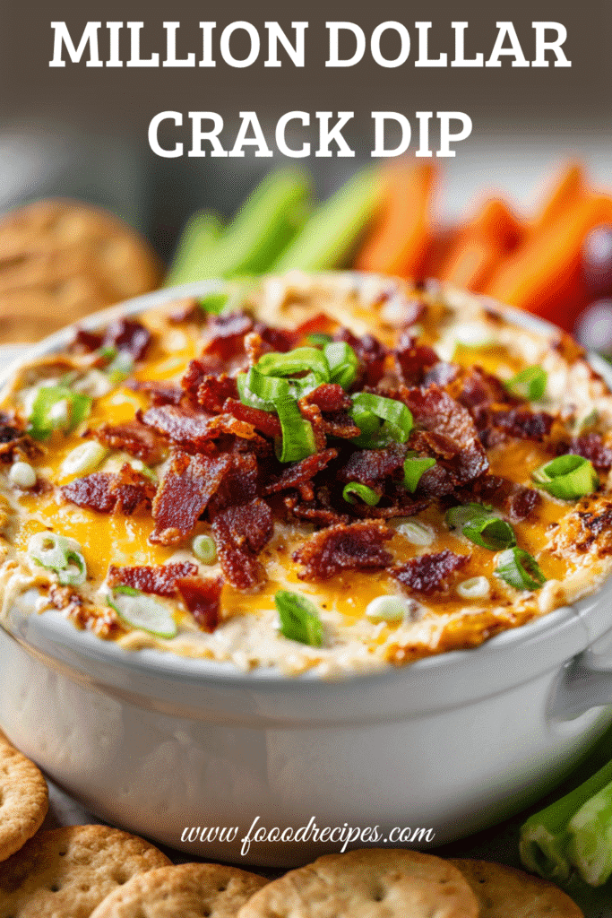 Million dollar crack dip recipe with bacon cheddar cheese and green onions served in a white bowl