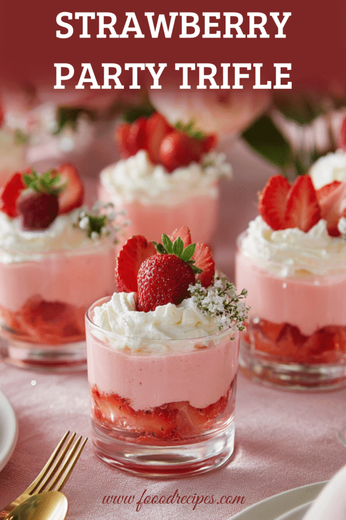 Pink Strawberry Party Trifle Dessert in glass cups with whipped cream and fresh strawberries