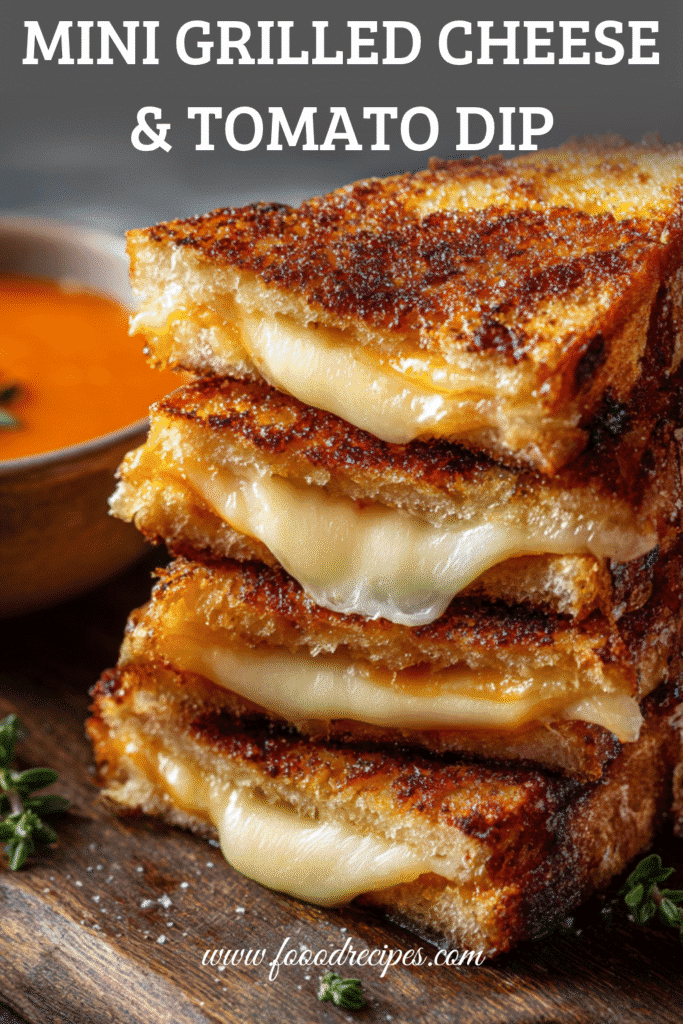 Mini Grilled Cheese with Tomato Soup Dip stacked with melted cheese and crispy golden bread