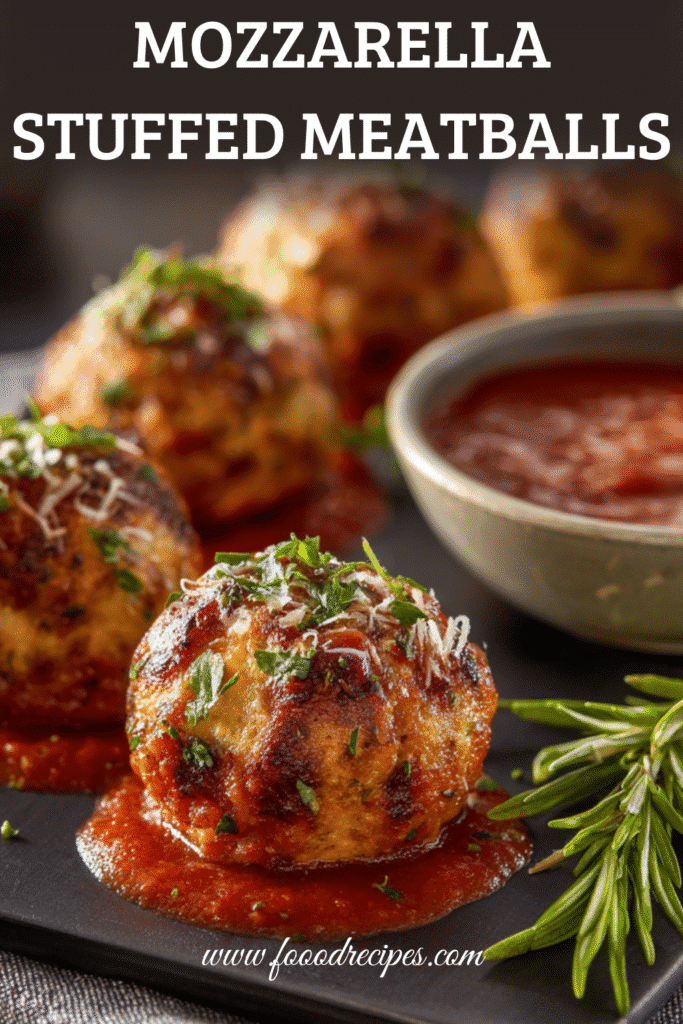 Mozzarella stuffed meatball bites served with marinara sauce and herbs, cheesy center appetizer recipe