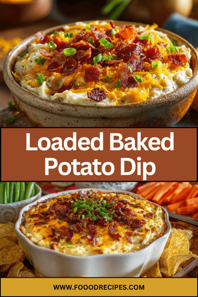 Loaded baked potato dip with bacon topped with cheese and green onions in a serving dish