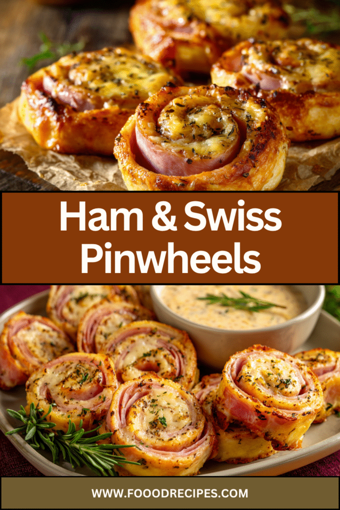 Baked Ham and Swiss Pinwheels served with dipping sauce, golden, cheesy, and flaky appetizer