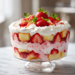 Pink Strawberry Party Trifle Dessert layered in glass bowl