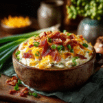 loaded baked potato dip with bacon in a bowl