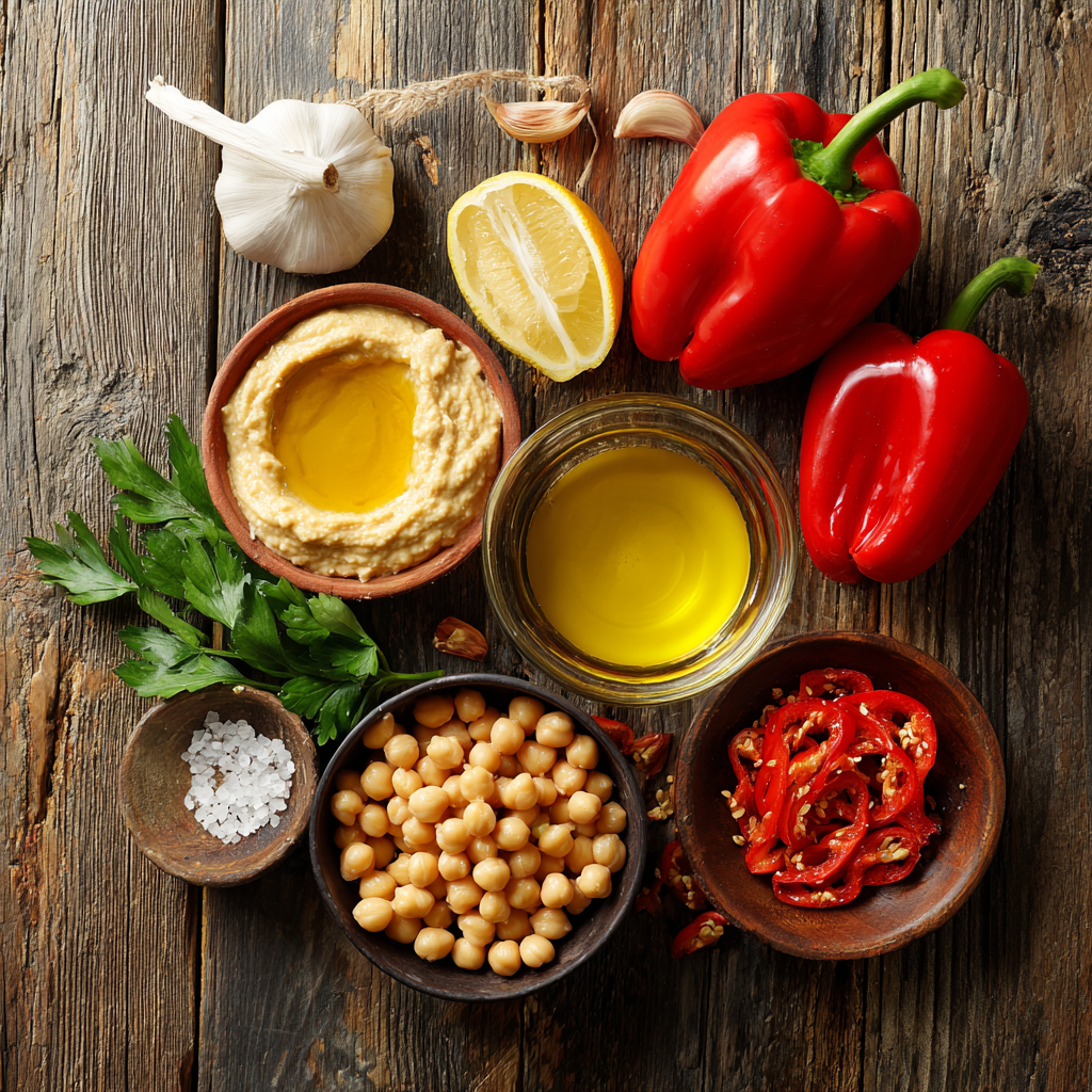 ingredients for roasted red pepper hummus dip