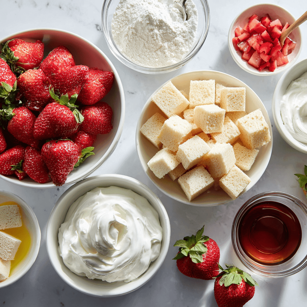 Ingredients for pink strawberry party trifle dessert