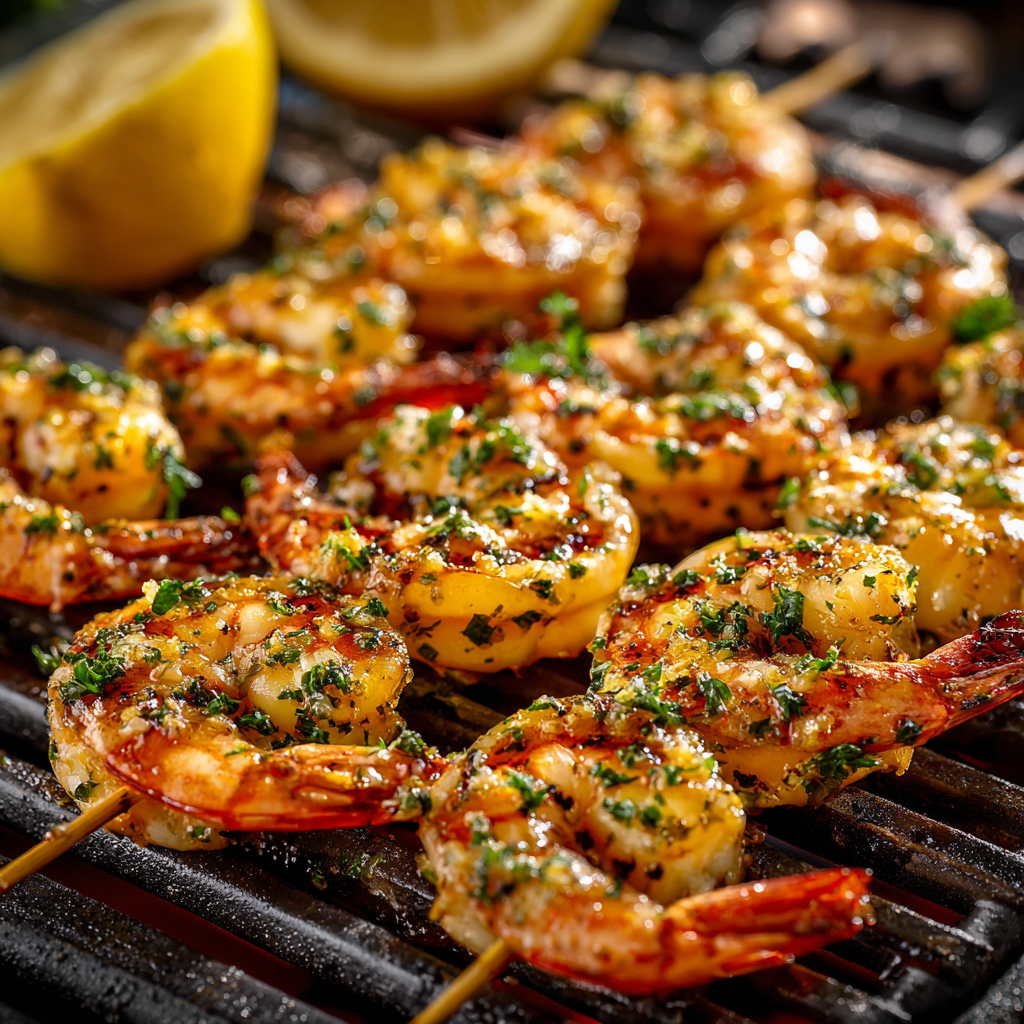 Garlic Butter Shrimp Skewers grilled and juicy