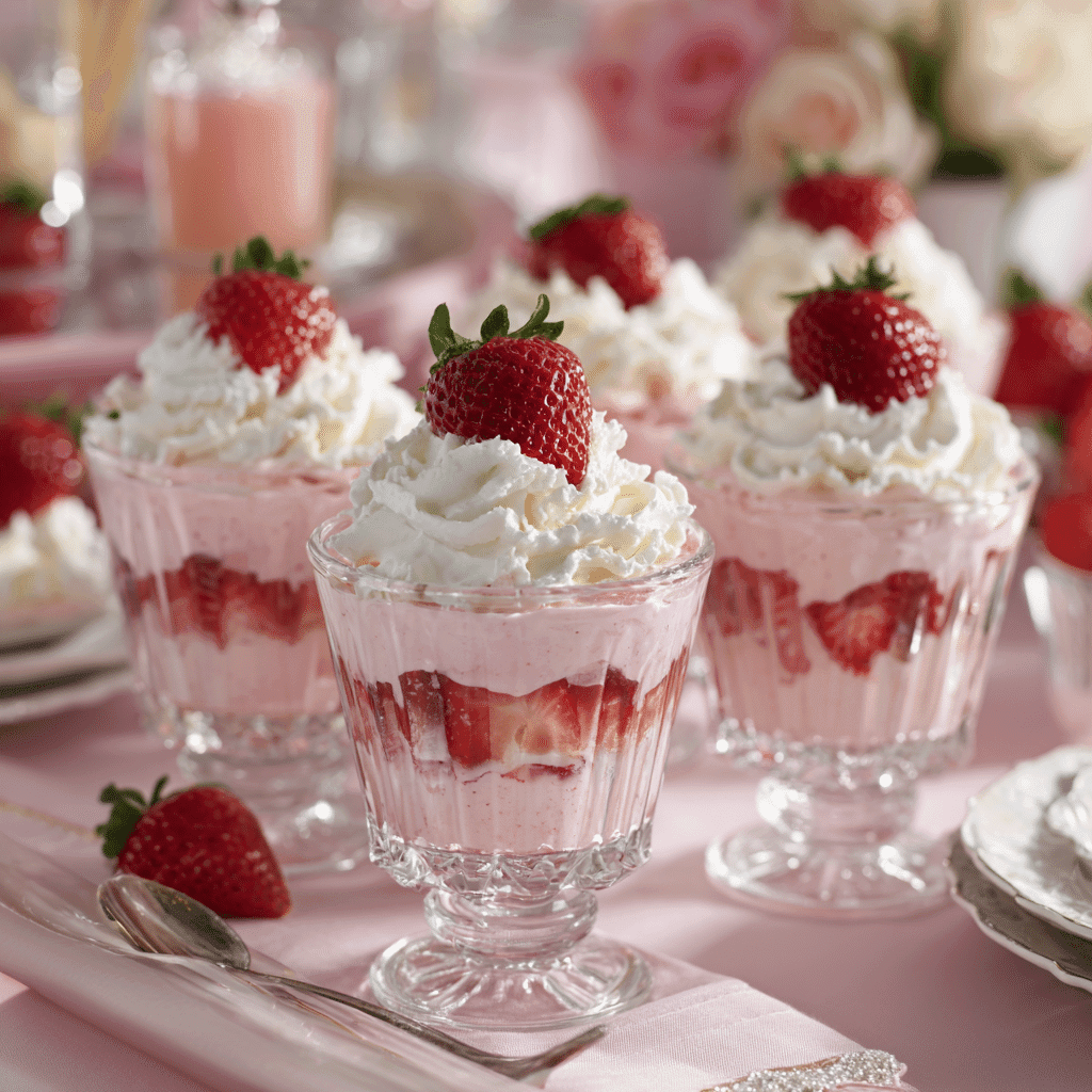 Serving pink strawberry party trifle dessert