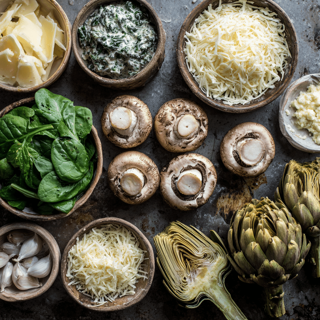 Ingredients for spinach artichoke stuffed mushrooms