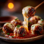Mozzarella Stuffed Meatball Bites with melted cheese