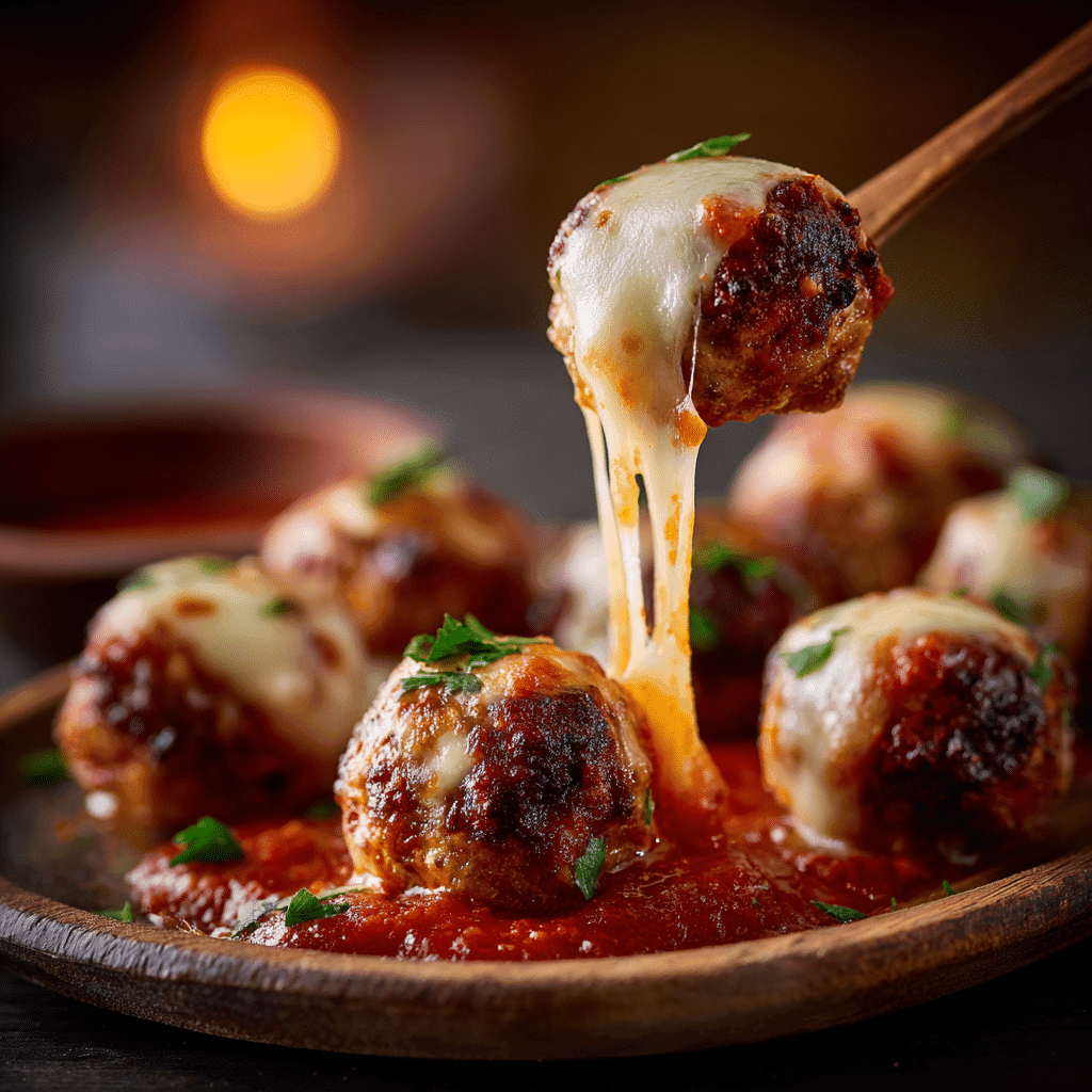 Mozzarella Stuffed Meatball Bites with melted cheese