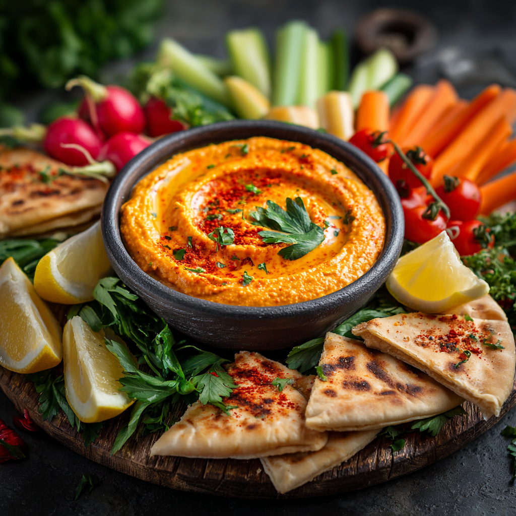 roasted red pepper hummus dip serving
