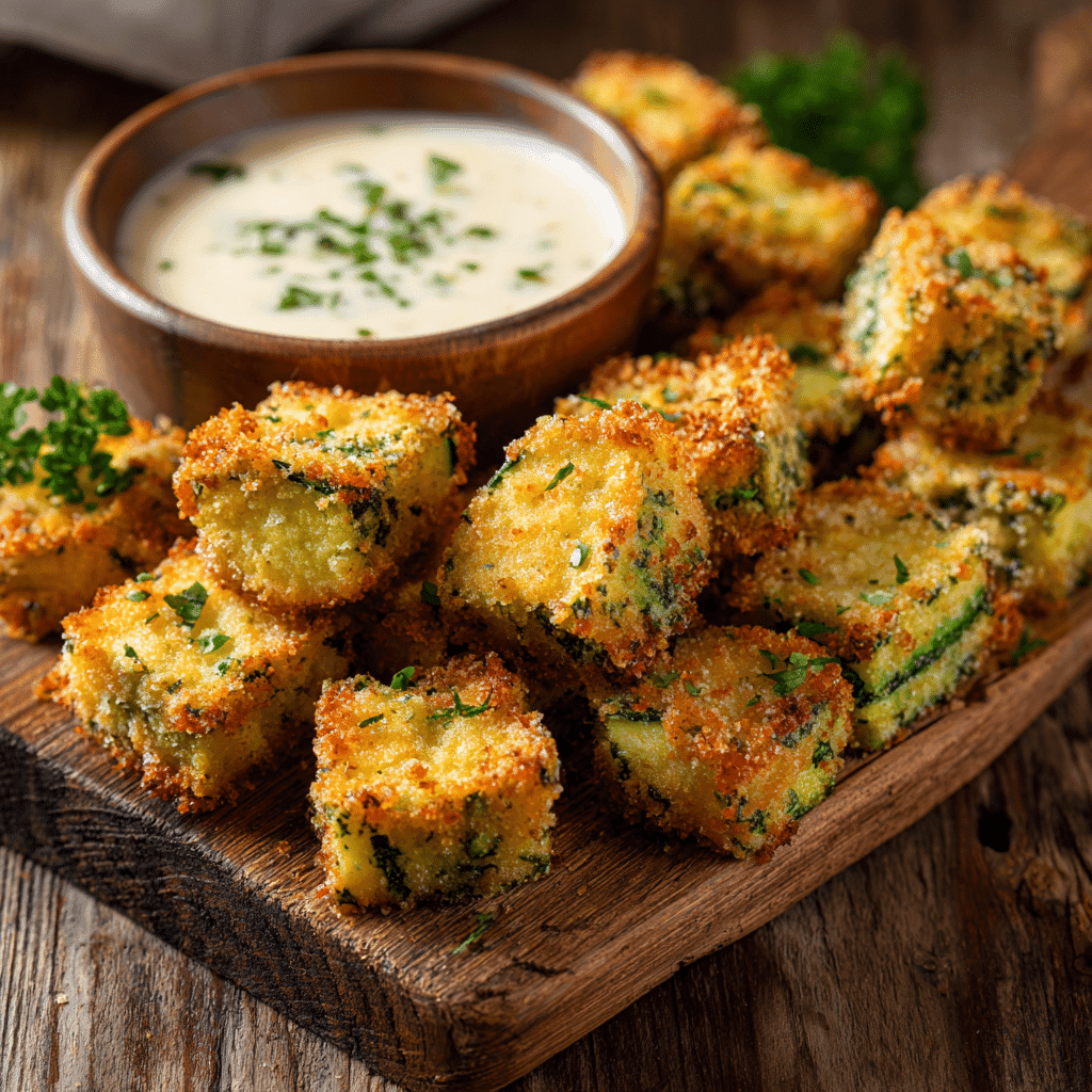 serving crispy Parmesan zucchini bites with dip