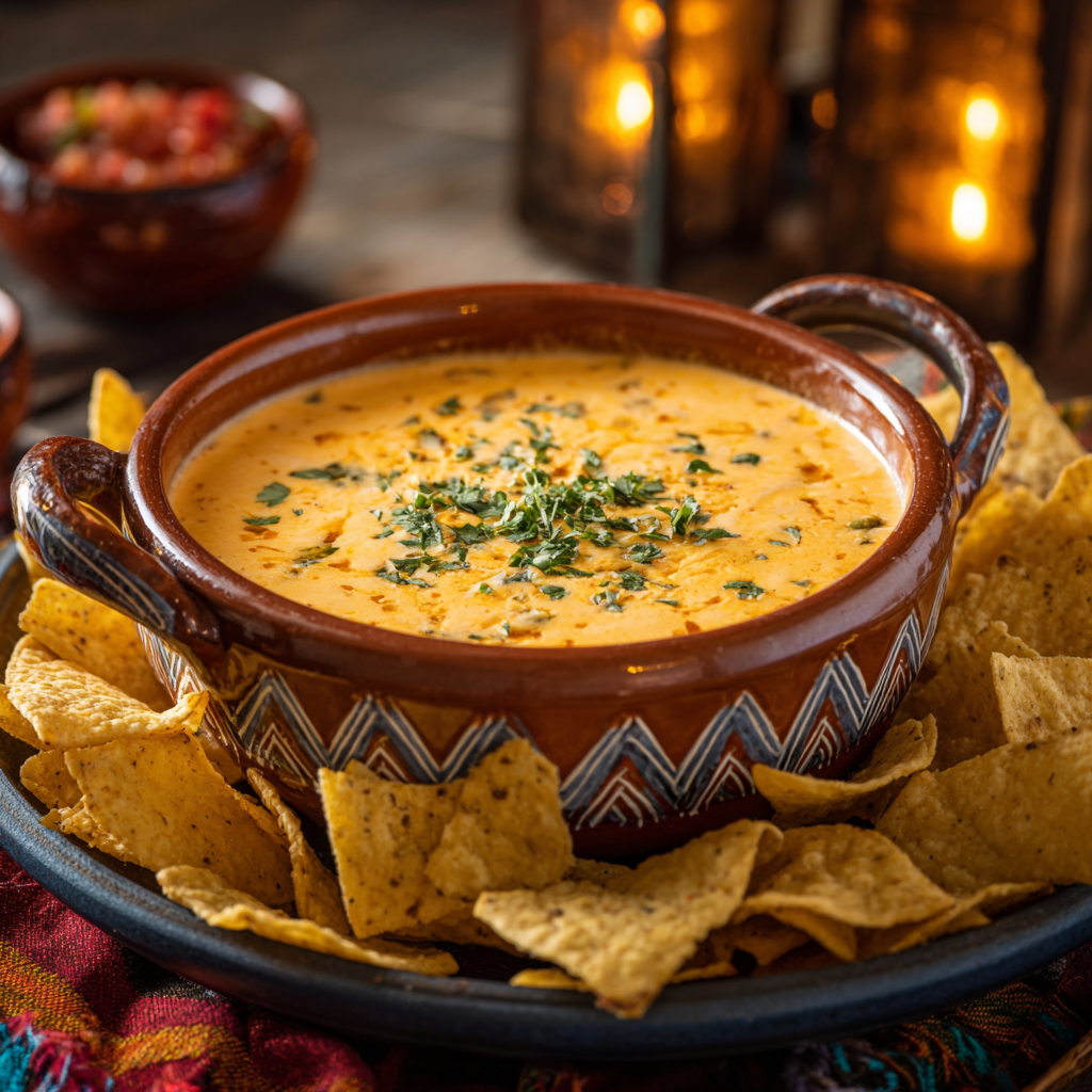 Serving hot queso cheese dip