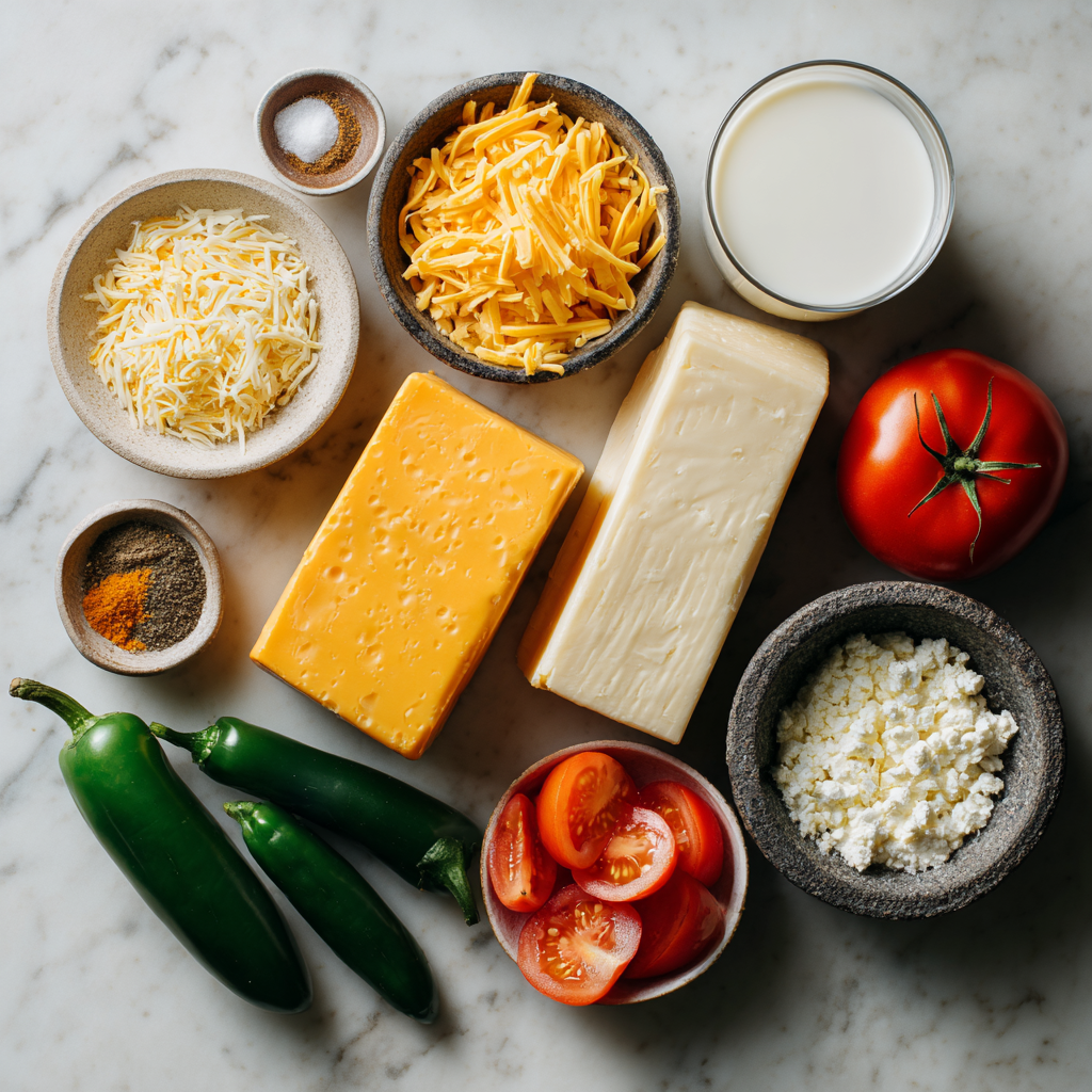 Ingredients for hot queso cheese dip