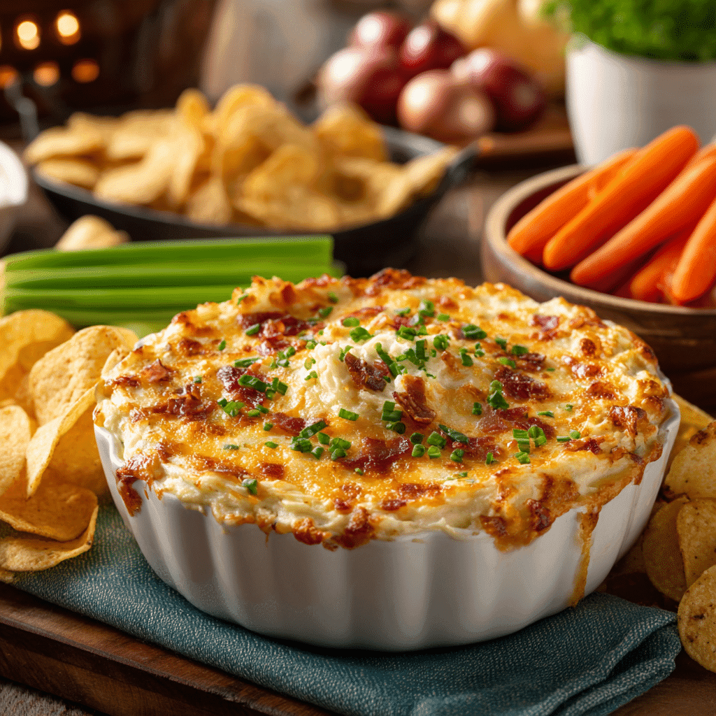 serving loaded baked potato dip with bacon