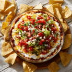 5 ingredient layered taco dip in serving dish
