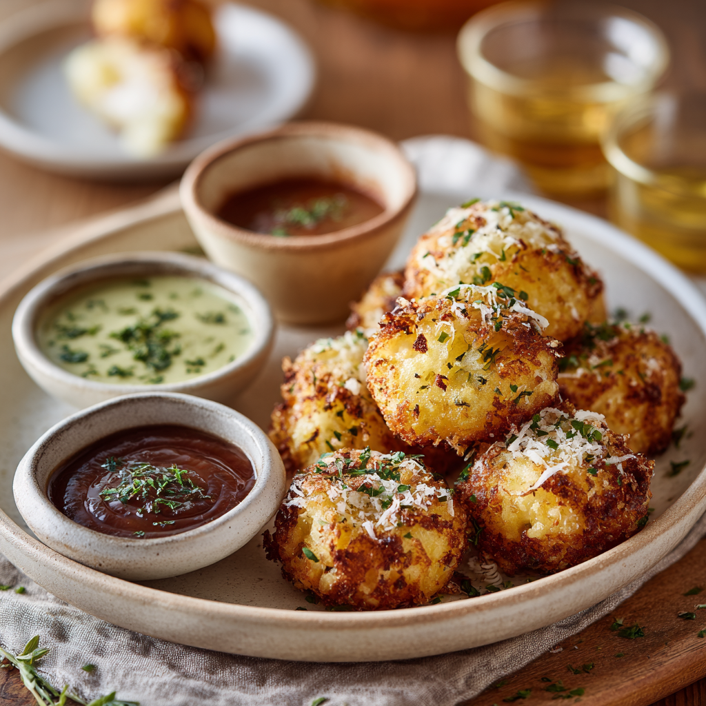 serving parmesan crusted potato bites with dip