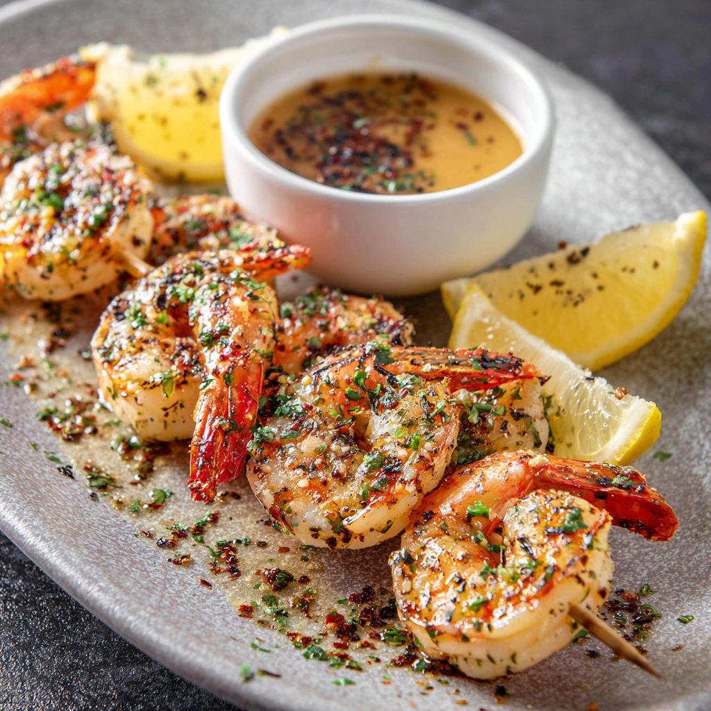 Serving garlic butter shrimp skewers with lemon