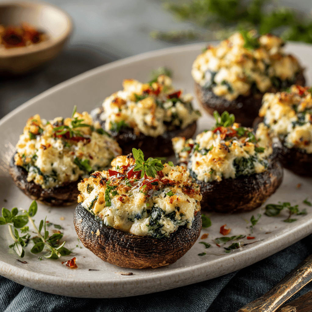 serving spinach artichoke stuffed mushrooms