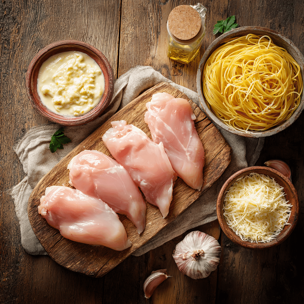 Ingredients for dump and go crockpot chicken alfredo