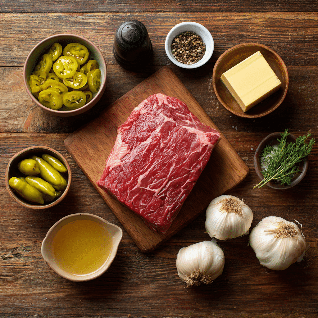 Ingredients for slow cooker pepperoncini beef