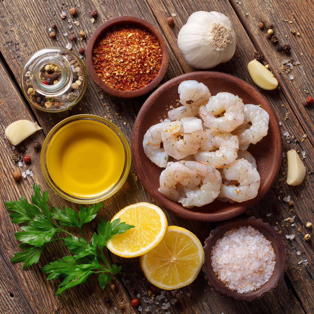 Ingredients for garlic butter shrimp skewers