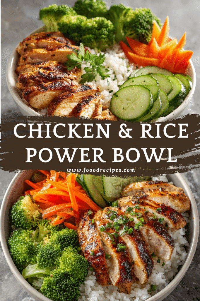 Healthy chicken and white rice power bowl with grilled chicken, broccoli, carrots, cucumber, and fluffy rice