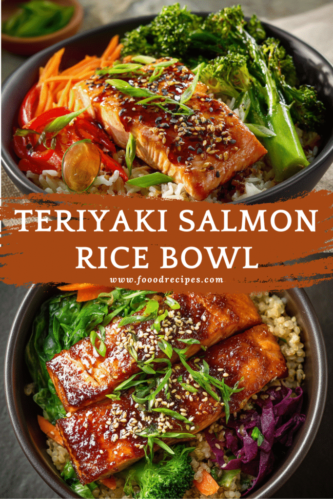 Salmon Teriyaki Brown Rice Bowl with vegetables and glazed salmon